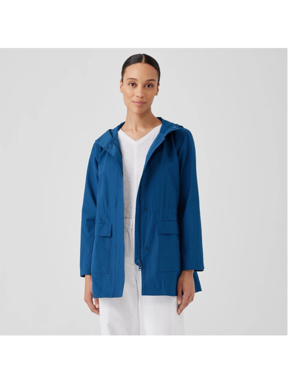 Eileen Fisher LG Light Cotton Nylon Hooded Anorak Coat Atlantis Blue LKNEW!!